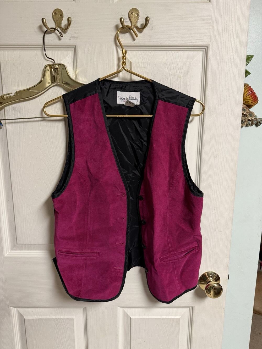 Vnt 90s Diane Von Furstenberg Color Auth Leather Vest Pink Black Small 30x22